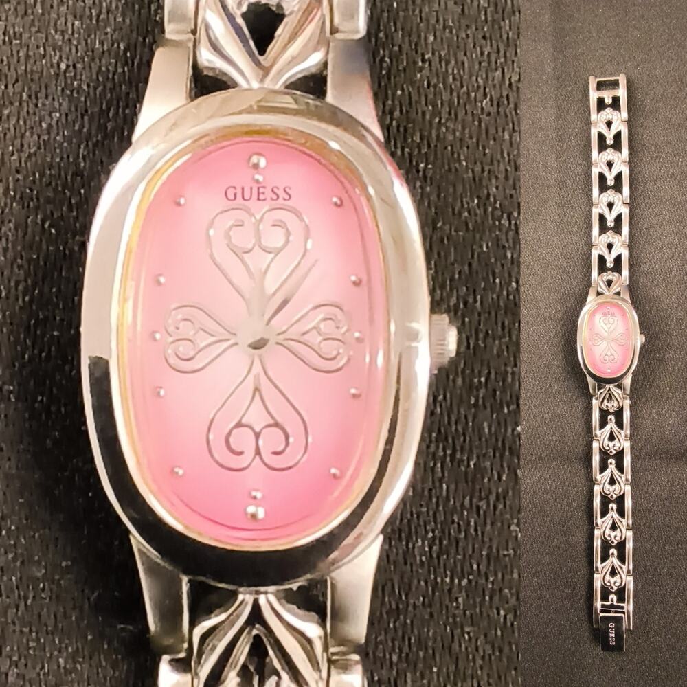 Guess Silver Bracelet Watch Oval Pink Face Analog Heart/Cross Women's #W5176